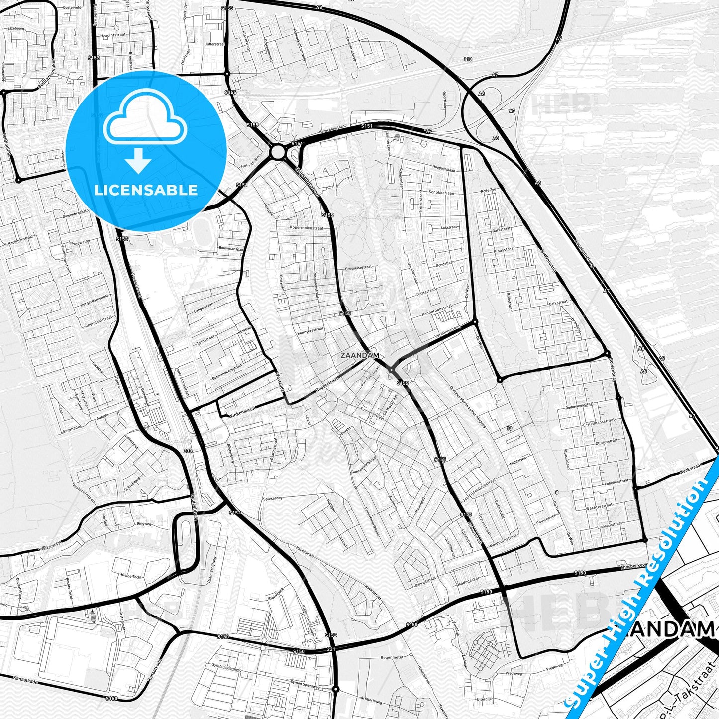 Zaanstad, Netherlands Light Map with Street Names, City Names, and Districts