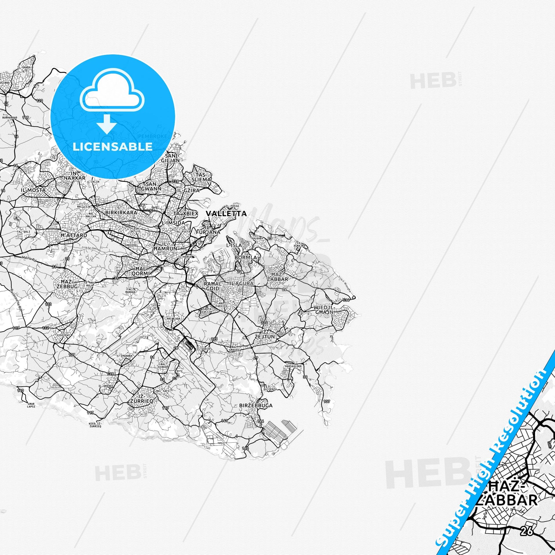 Żabbar, Malta light map with streetnames, citynames and districts