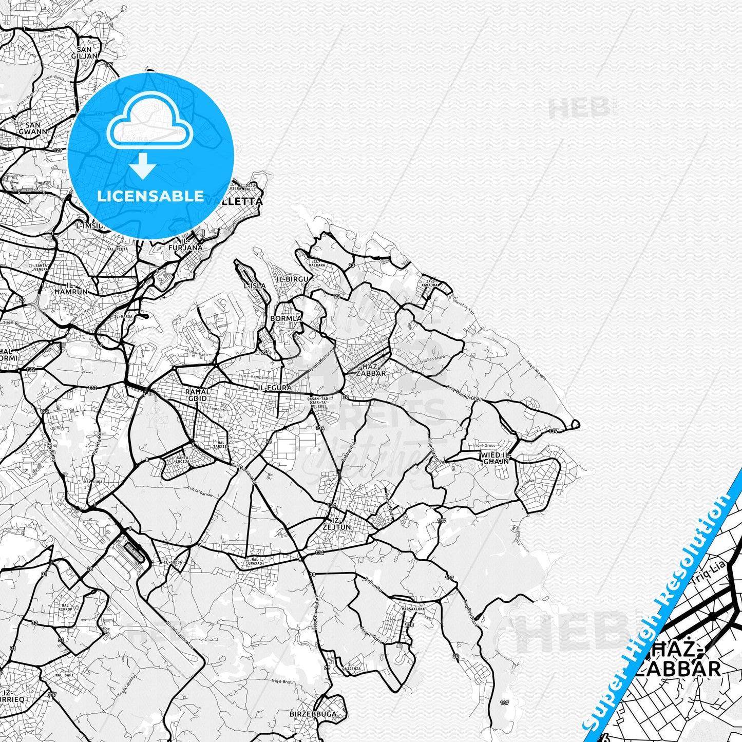 Żabbar, Malta Light Map with Street Names, City Names, and Districts