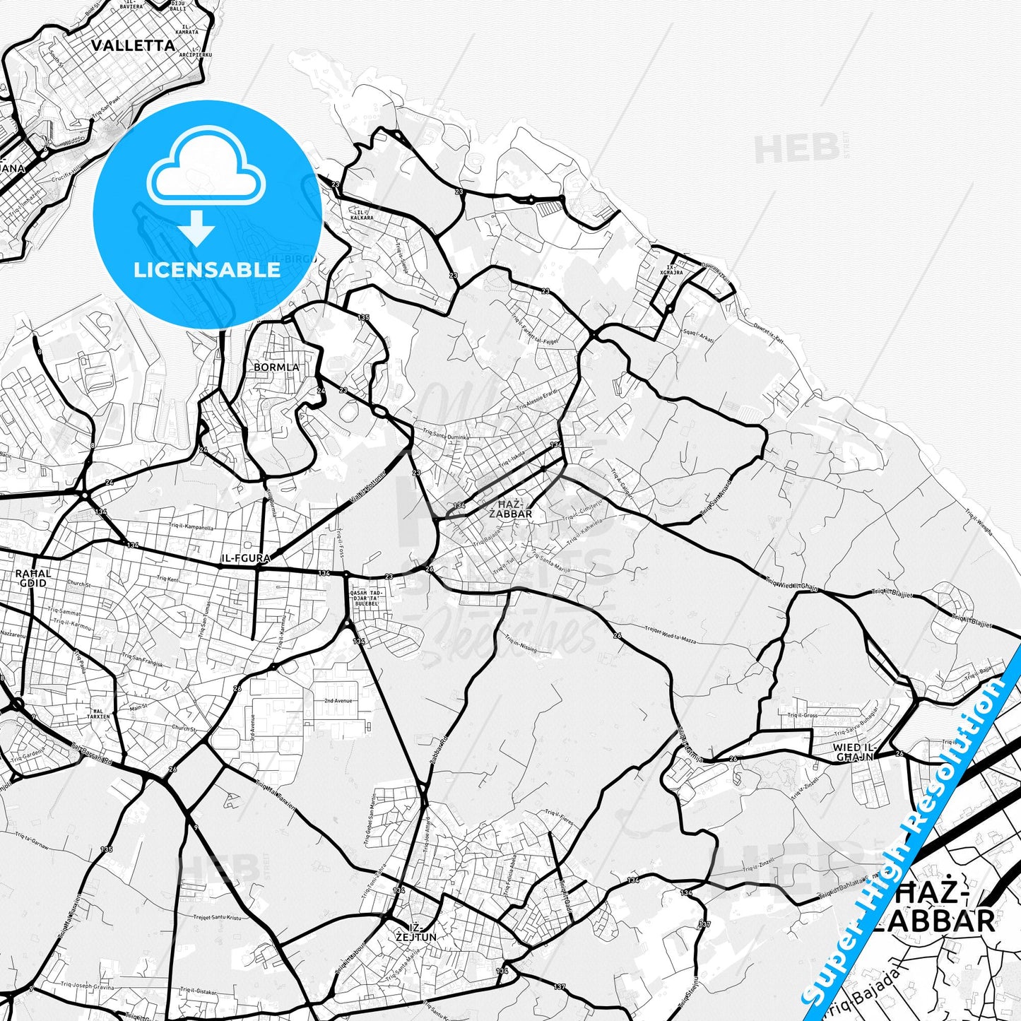 Żabbar, Malta Light Map with Street Names, City Names, and Districts