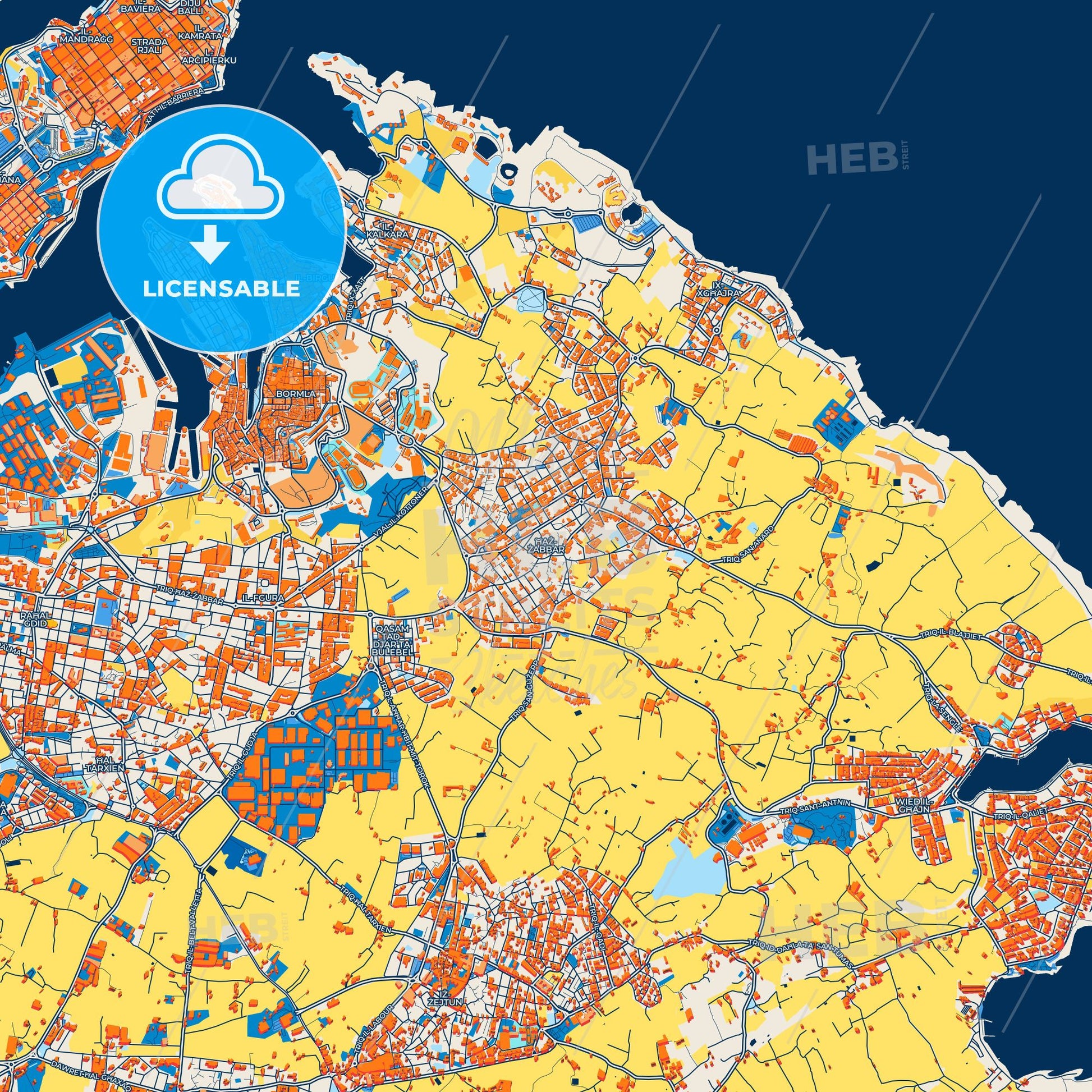 Colorful Żabbar Street Map with Labels and Buildings
