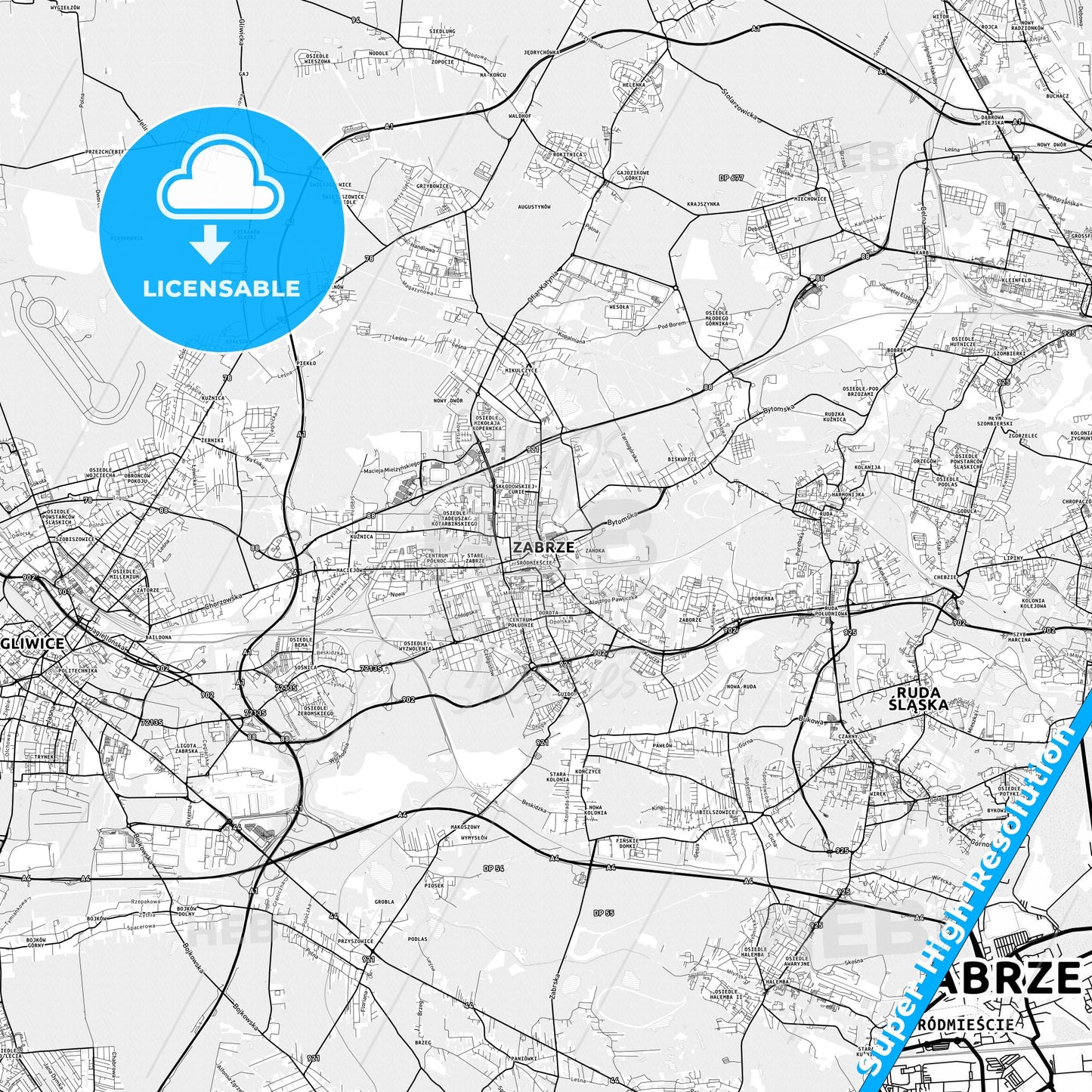 Zabrze, Poland light map with streetnames, citynames and districts