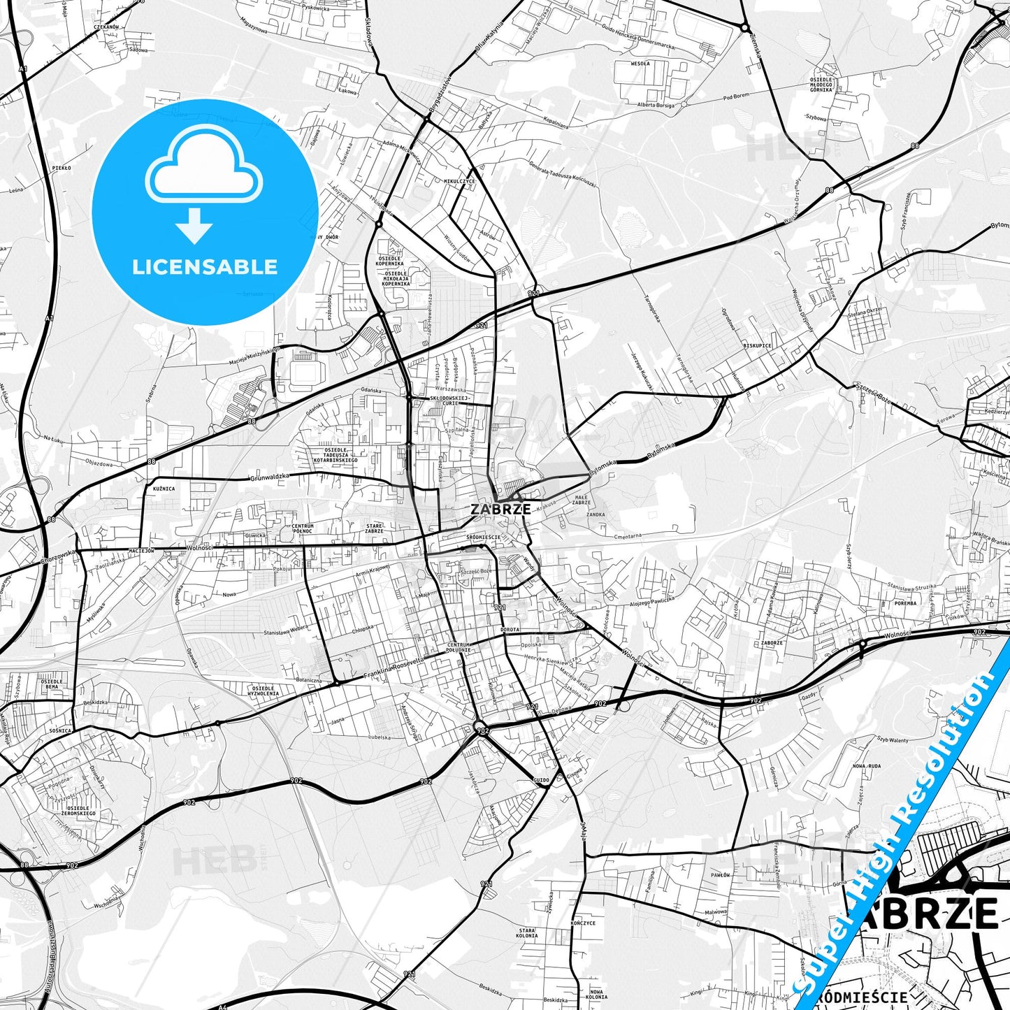 Zabrze, Poland Light Map with Street Names, City Names, and Districts