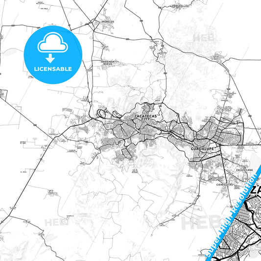 Zacatecas, Mexico light map with streetnames, citynames and districts