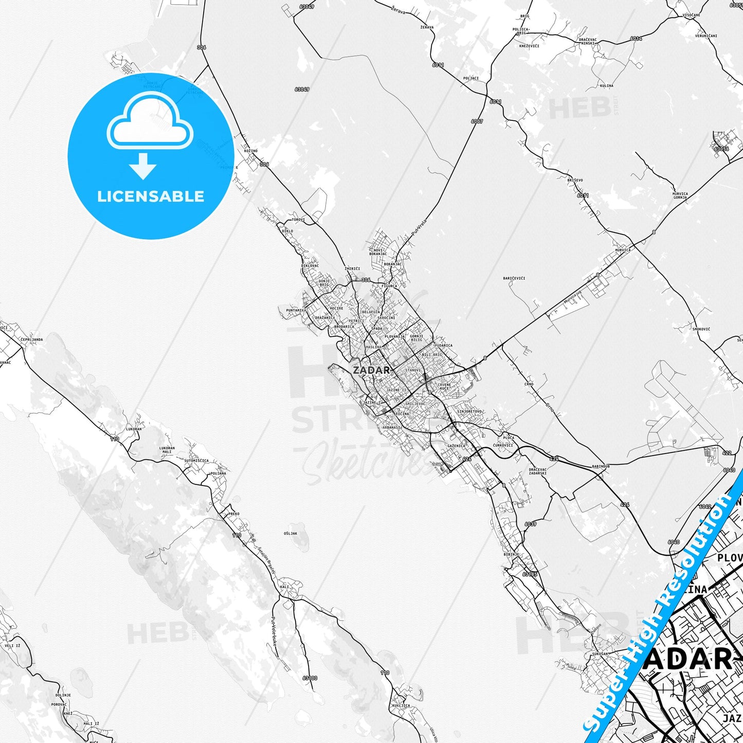 Zadar, Croatia light map with streetnames, citynames and districts