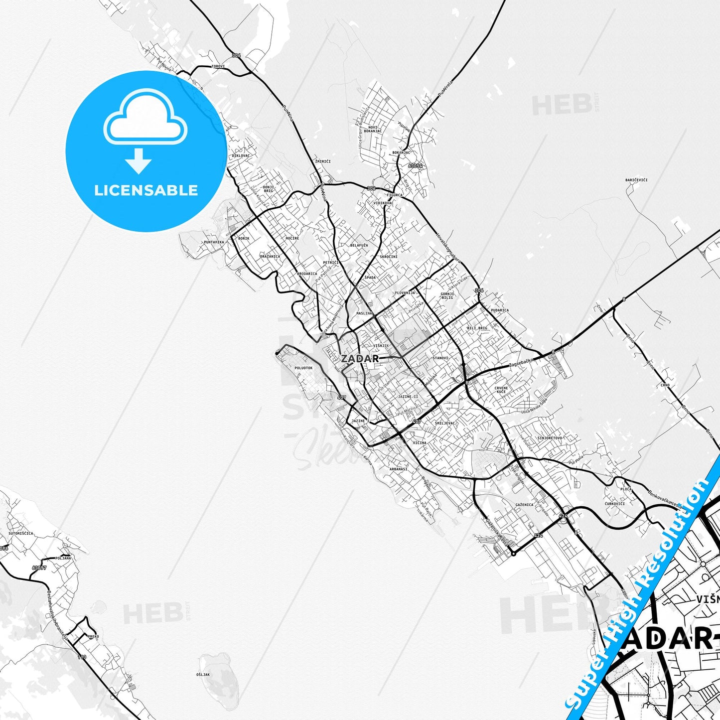 Zadar, Croatia Light Map with Street Names, City Names, and Districts