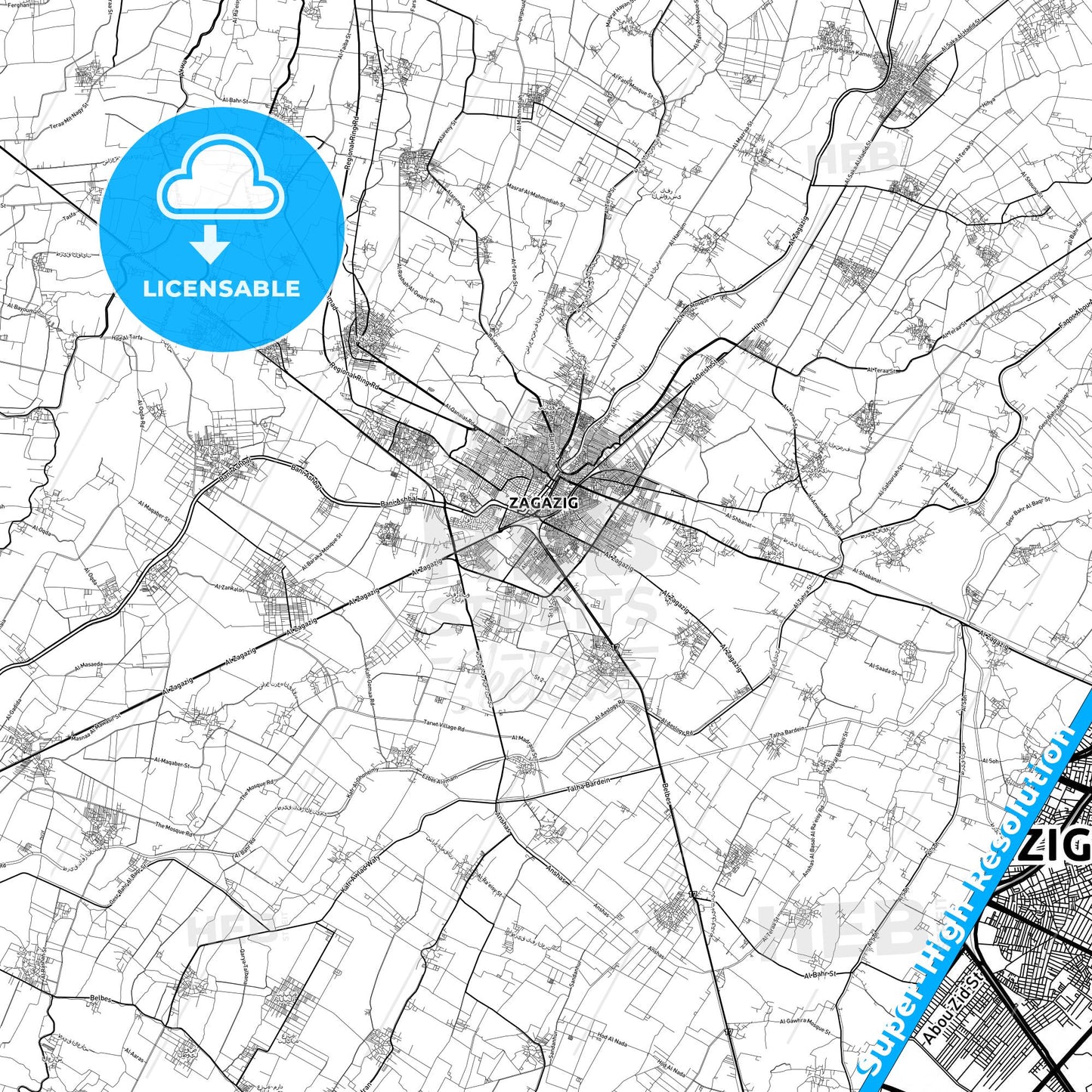 Zagazig, Egypt light map with streetnames, citynames and districts