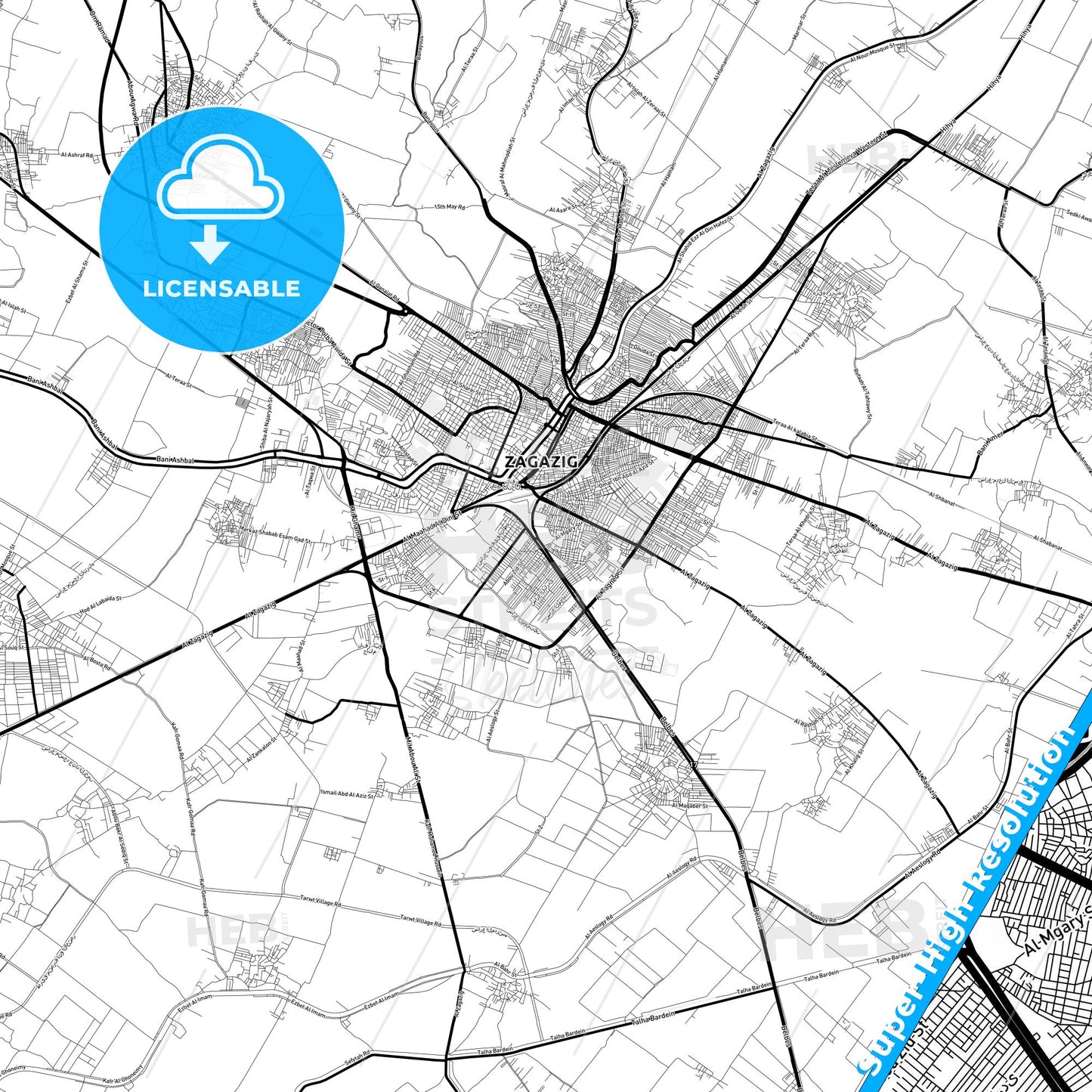 Zagazig, Egypt Light Map with Street Names, City Names, and Districts