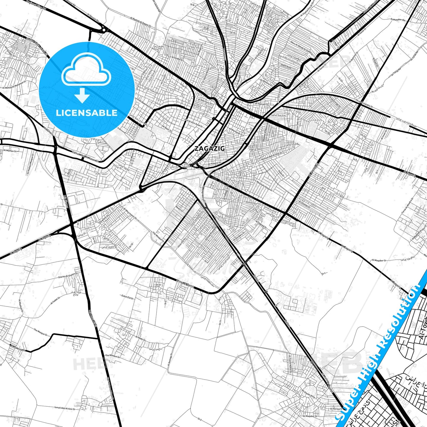Zagazig, Egypt Light Map with Street Names, City Names, and Districts