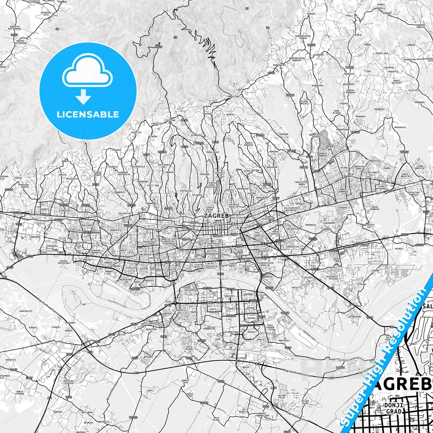 Zagreb, Croatia light map with streetnames, citynames and districts