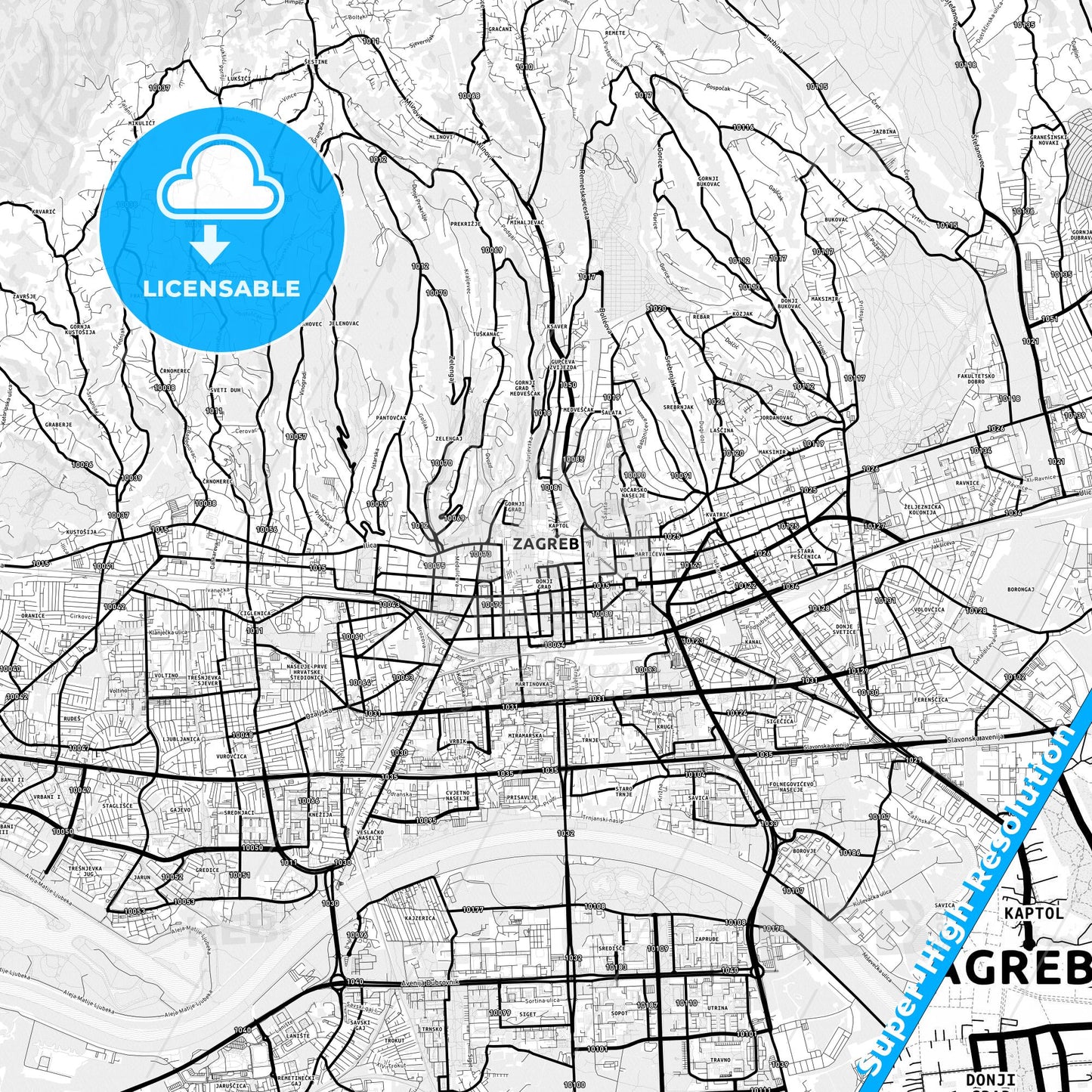 Zagreb, Croatia Light Map with Street Names, City Names, and Districts
