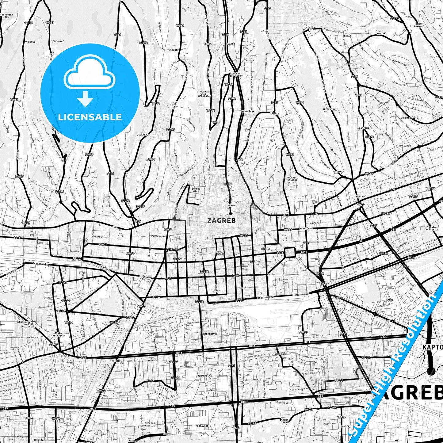 Zagreb, Croatia Light Map with Street Names, City Names, and Districts
