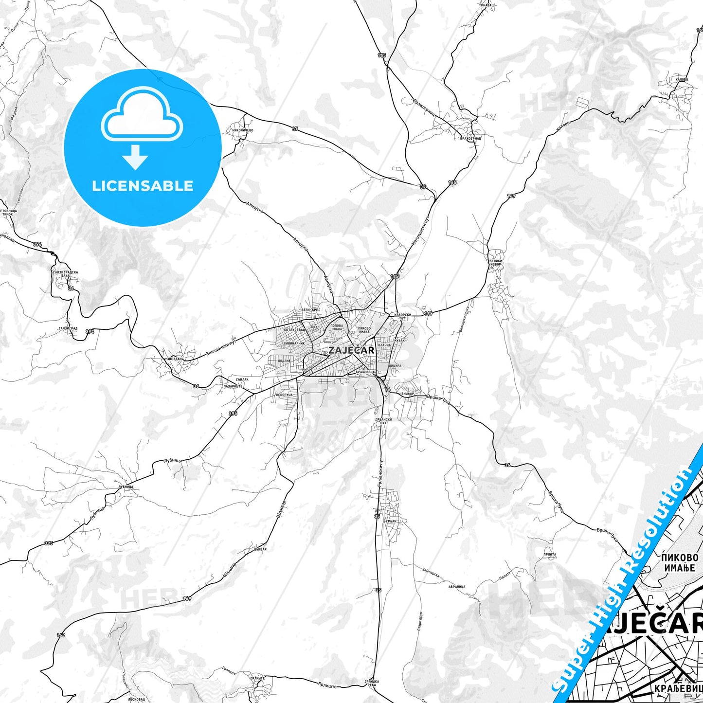 Zaječar, Serbia light map with streetnames, citynames and districts