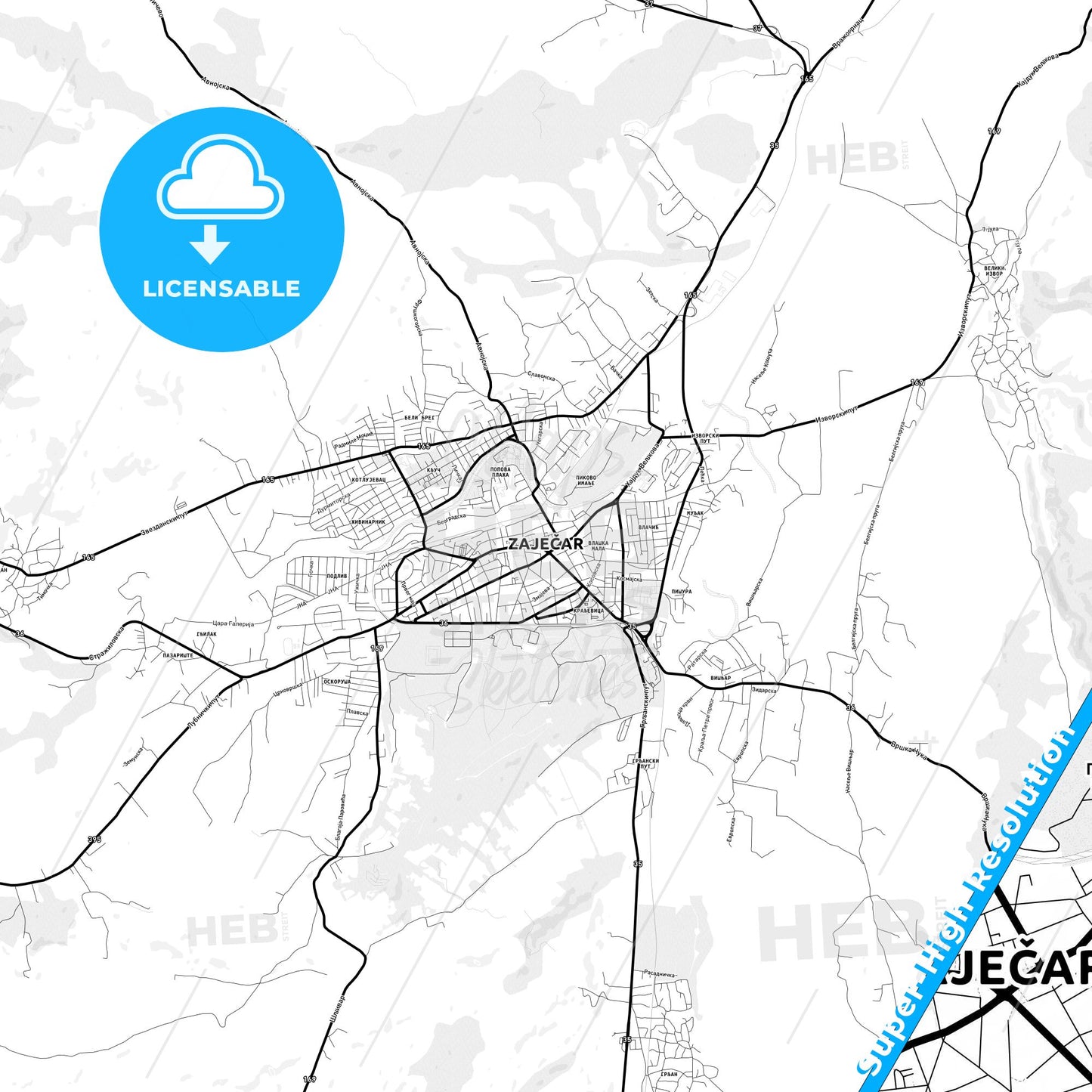 Zaječar, Serbia Light Map with Street Names, City Names, and Districts
