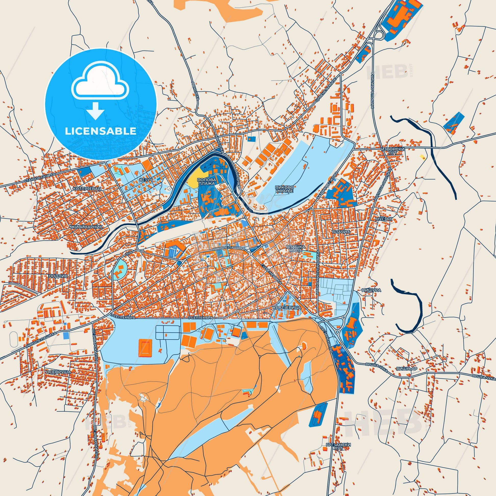 Colorful Zaječar Street Map with Labels and Buildings