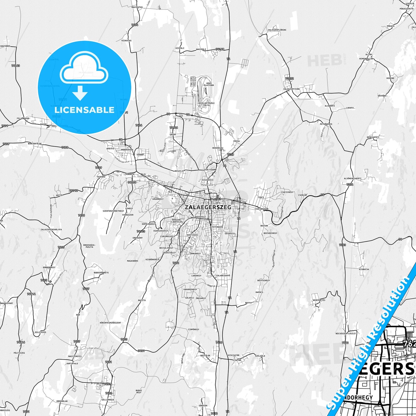 Zalaegerszeg, Hungary light map with streetnames, citynames and districts