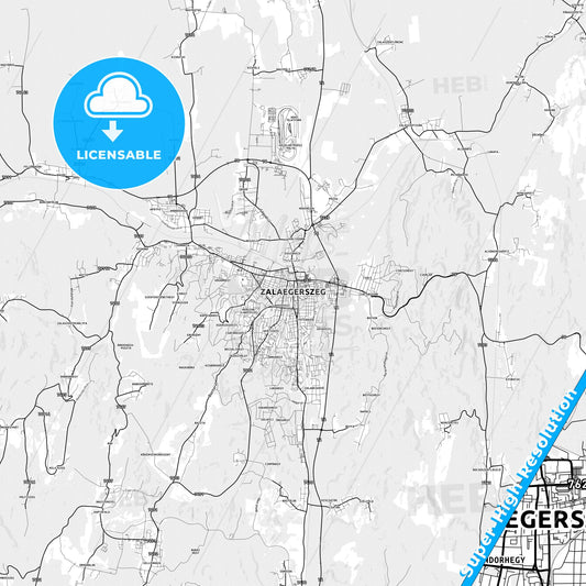Zalaegerszeg, Hungary light map with streetnames, citynames and districts