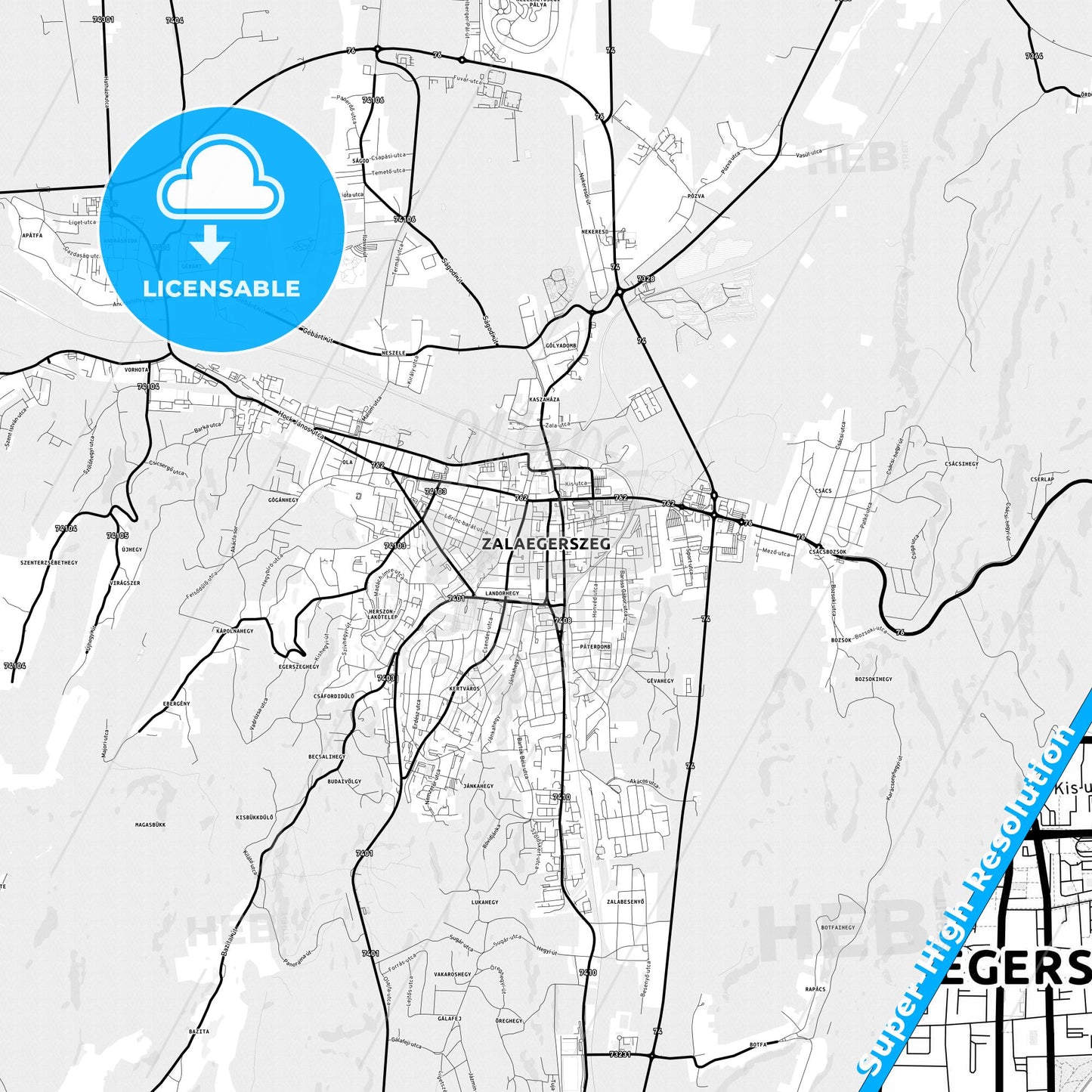 Zalaegerszeg, Hungary Light Map with Street Names, City Names, and Districts