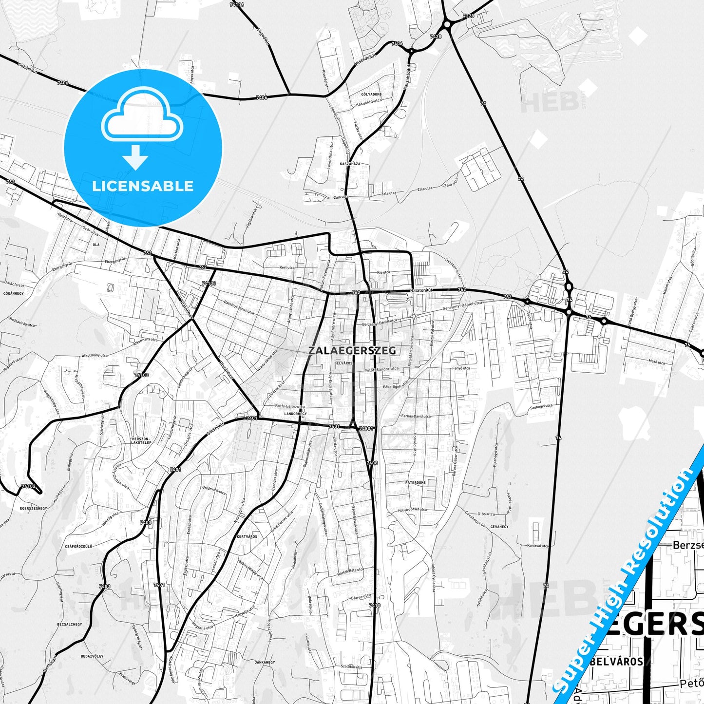 Zalaegerszeg, Hungary Light Map with Street Names, City Names, and Districts