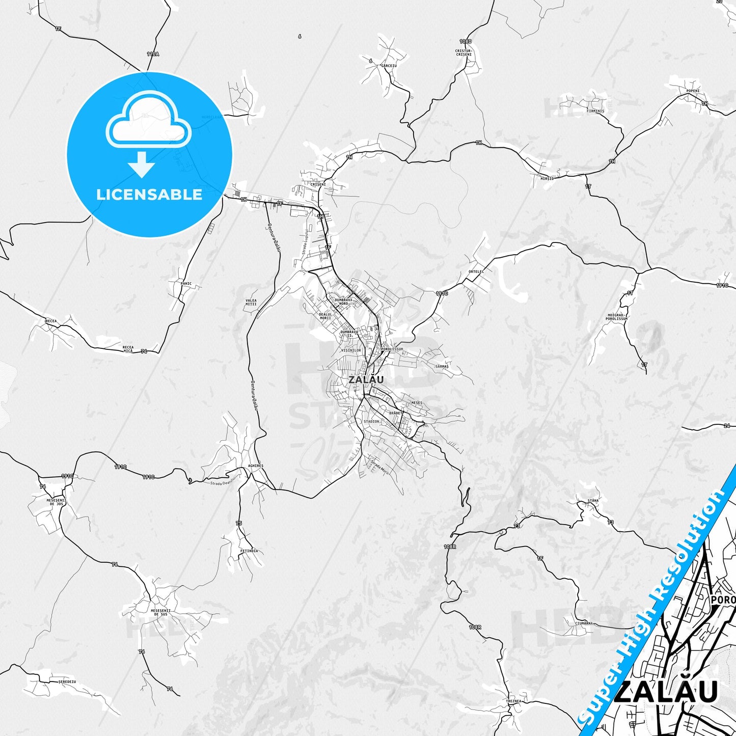 Zalău, Romania light map with streetnames, citynames and districts