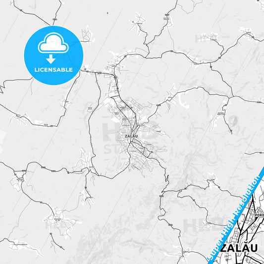 Zalău, Romania light map with streetnames, citynames and districts