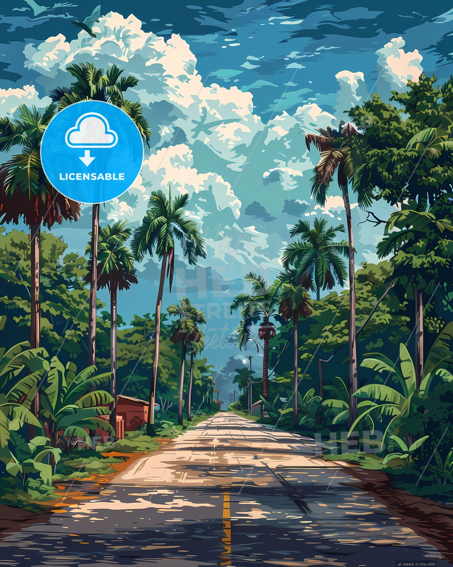 Vibrant Art: Zambia Road with Palm Trees and Hut