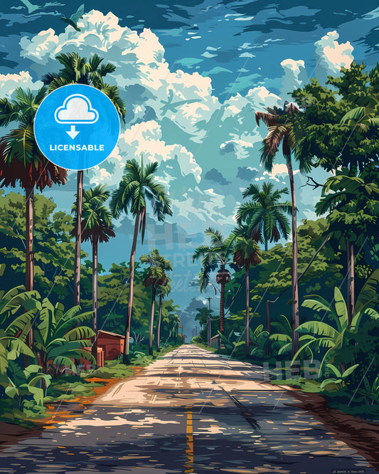 Vibrant Art: Zambia Road with Palm Trees and Hut