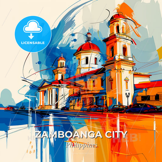 Vibrant Zamboanga City, Philippines - A Painting Of A Building With A Colorful Background - Square format print template