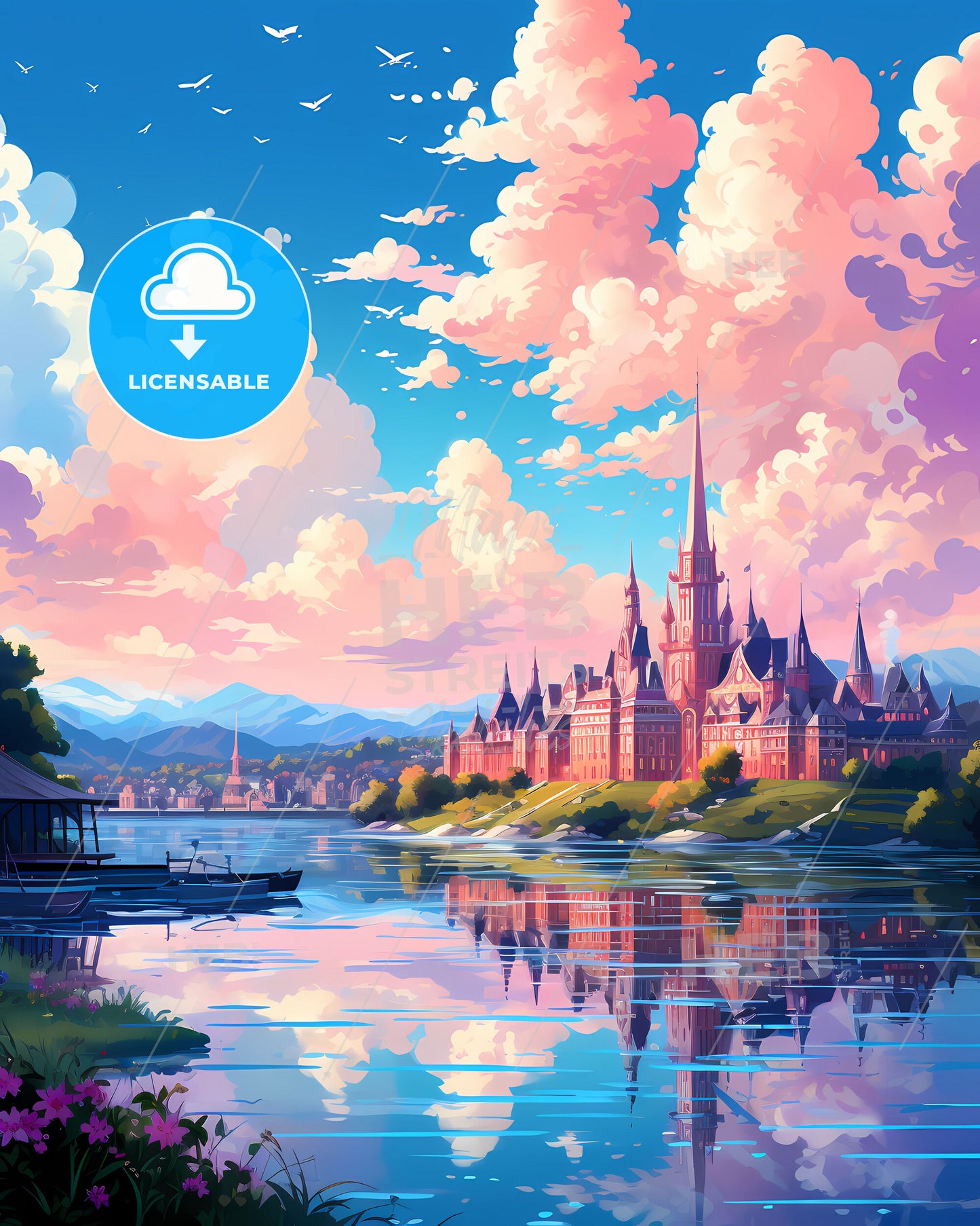 Vibrant Painting of Zamboanga City Skyline: Castle and Lake in Vivid Hues