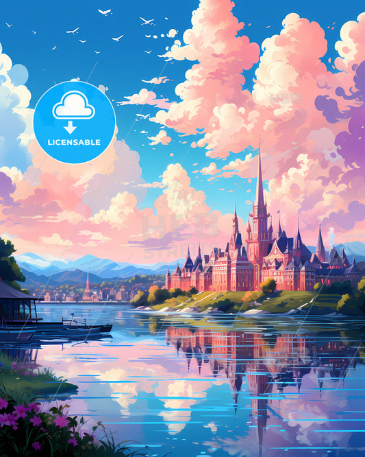 Vibrant Painting of Zamboanga City Skyline: Castle and Lake in Vivid Hues