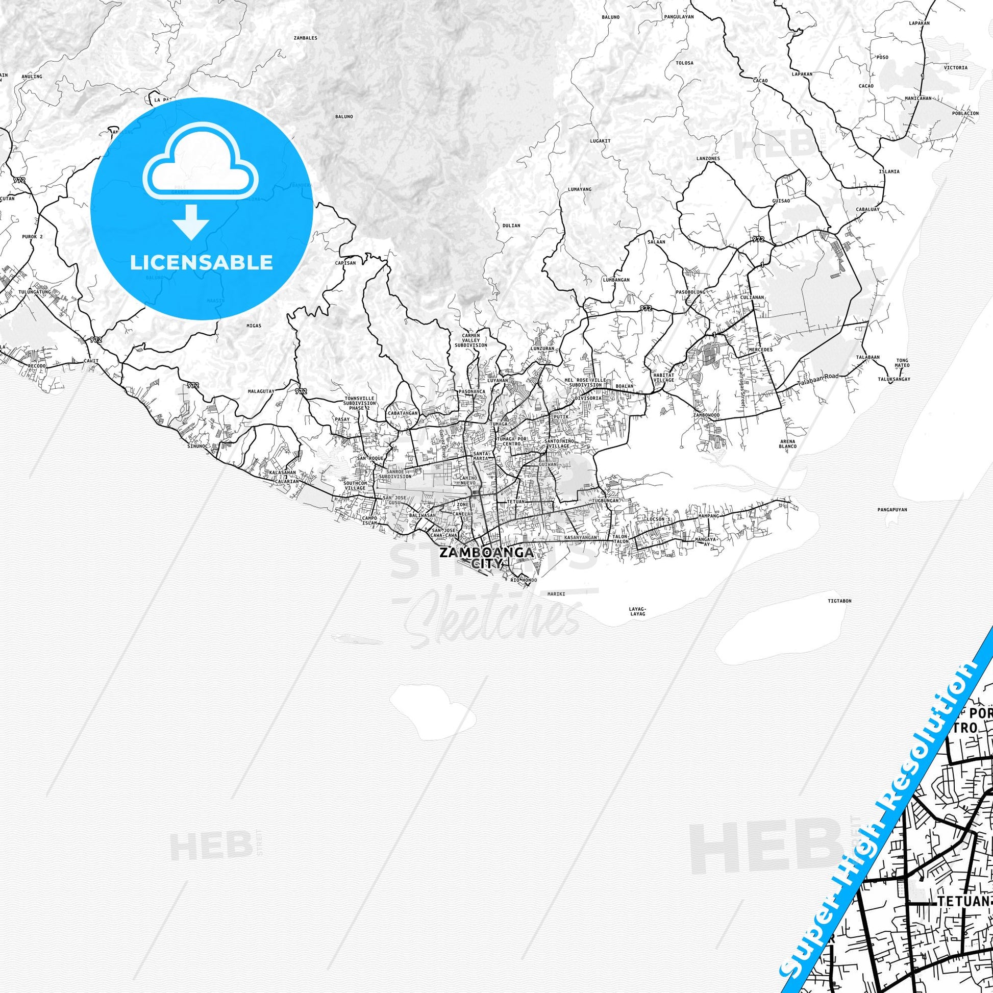 Zamboanga City, Philippines light map with streetnames, citynames and districts