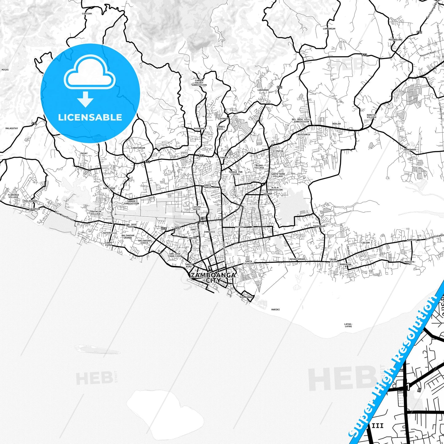 Zamboanga City, Philippines Light Map with Street Names, City Names, and Districts