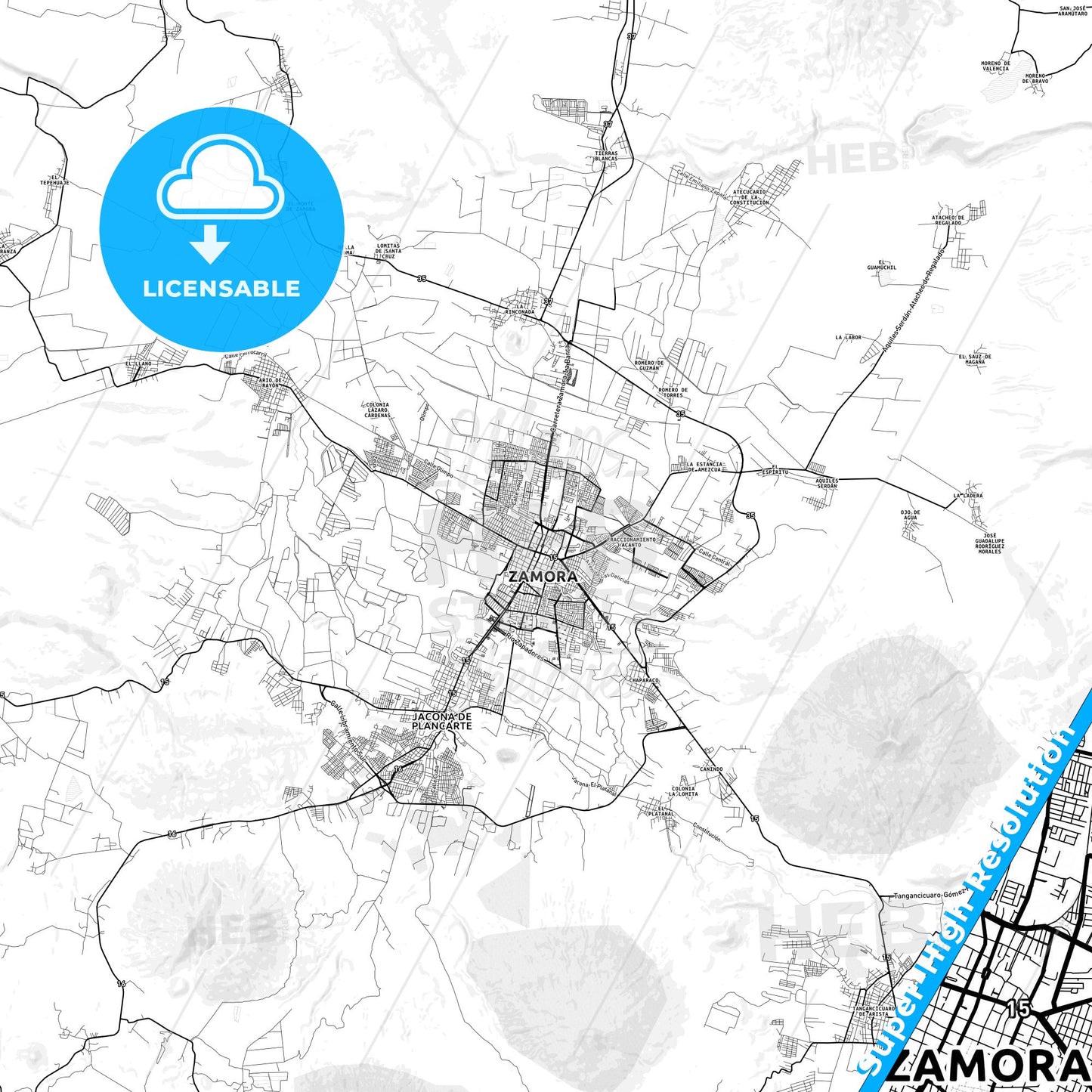 Zamora, Mexico light map with streetnames, citynames and districts