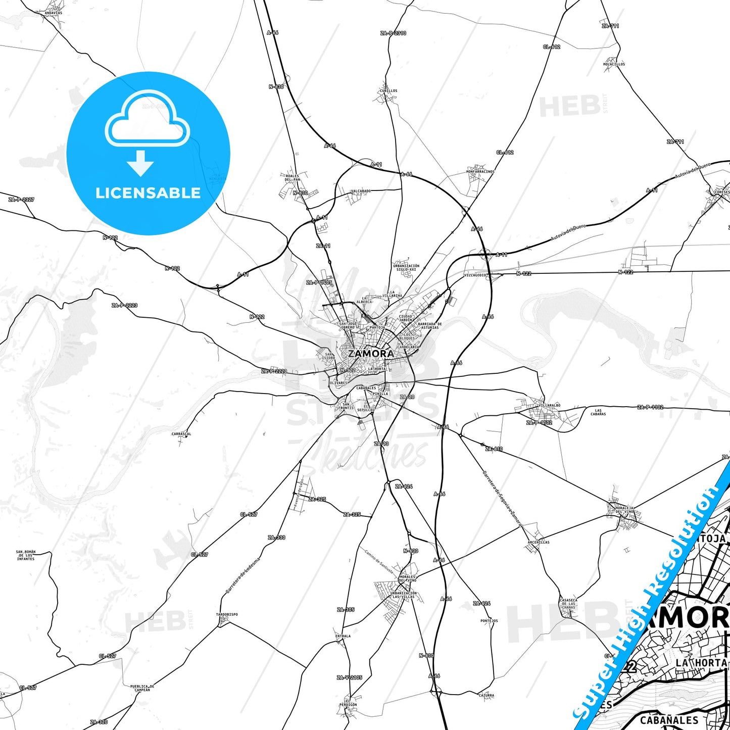 Zamora, Spain light map with streetnames, citynames and districts