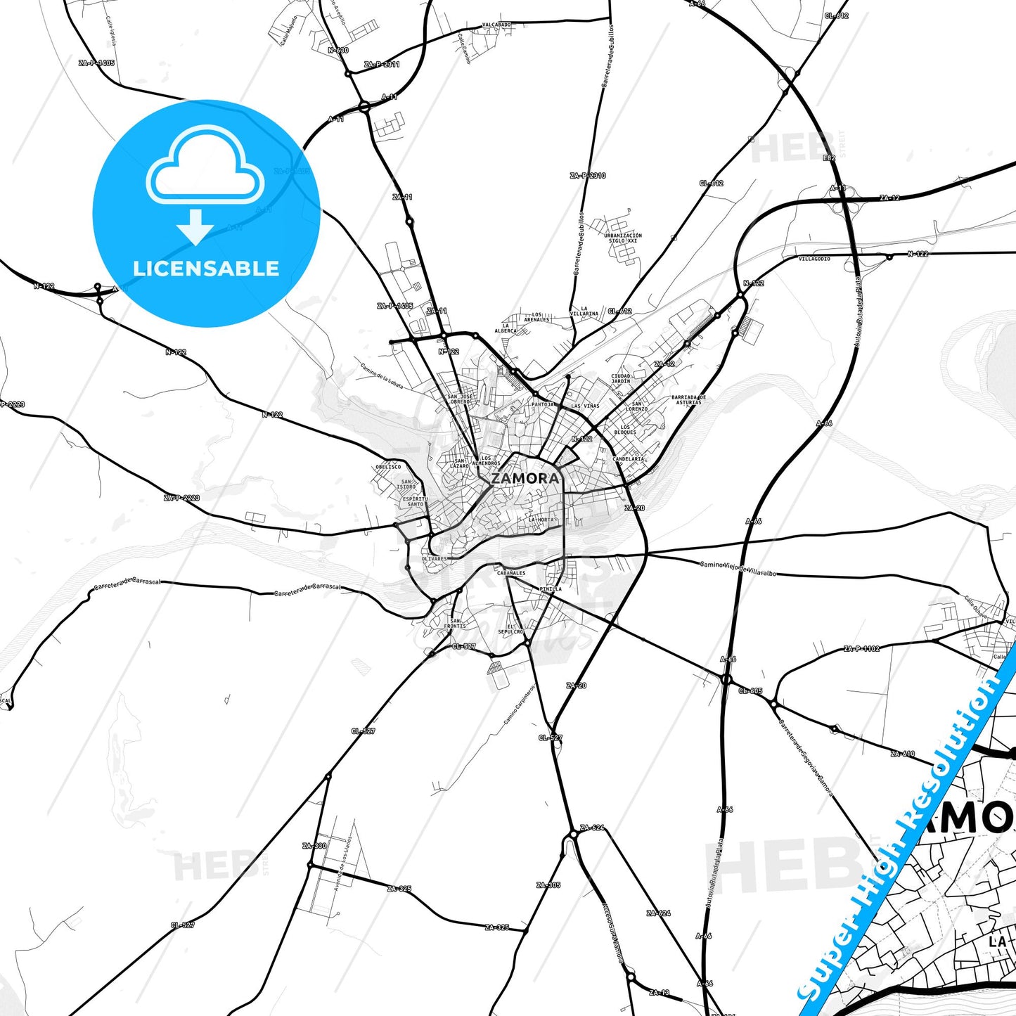 Zamora, Spain Light Map with Street Names, City Names, and Districts
