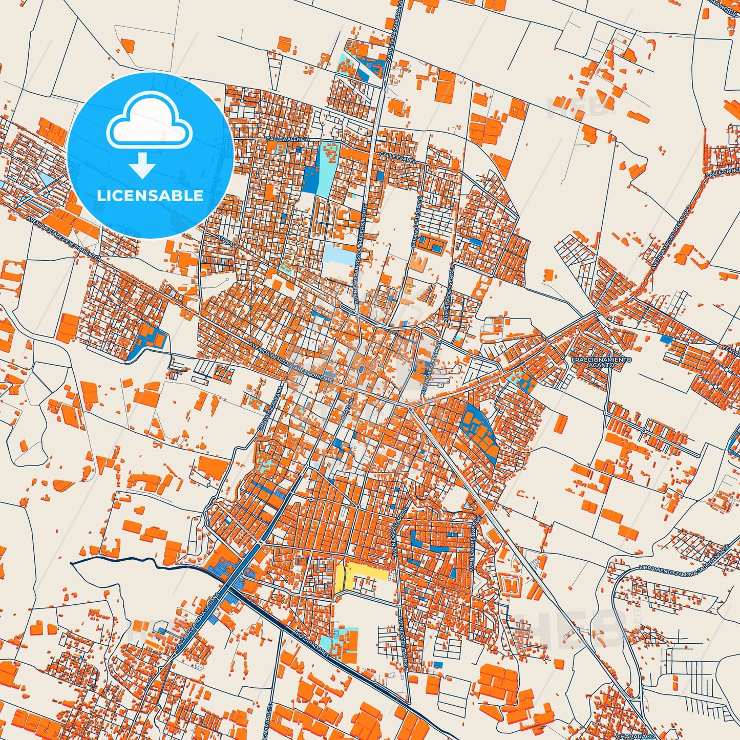 Colorful Zamora Street Map with Labels and Buildings