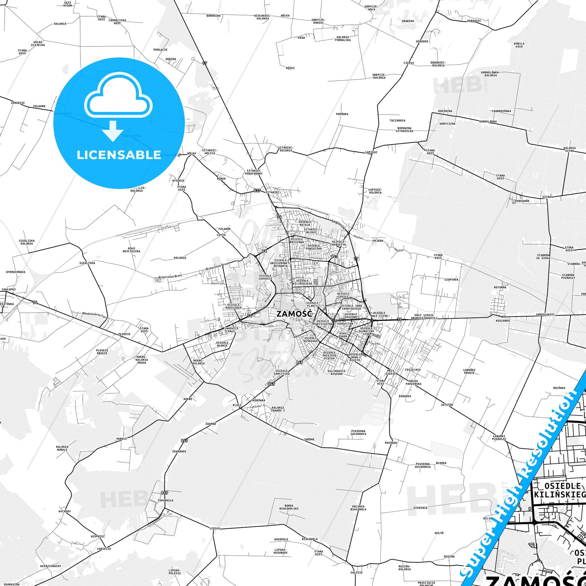 Zamość, Poland light map with streetnames, citynames and districts