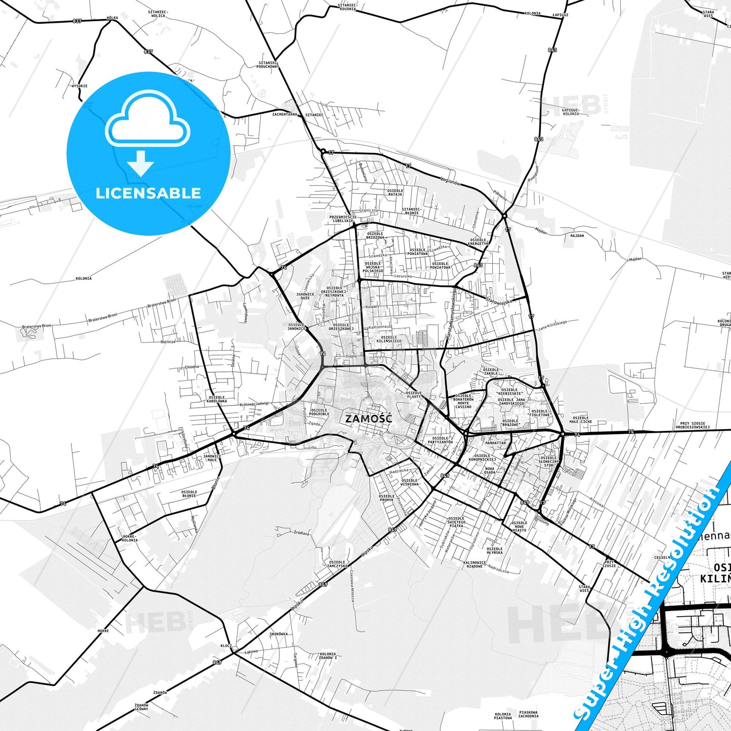 Zamość, Poland Light Map with Street Names, City Names, and Districts