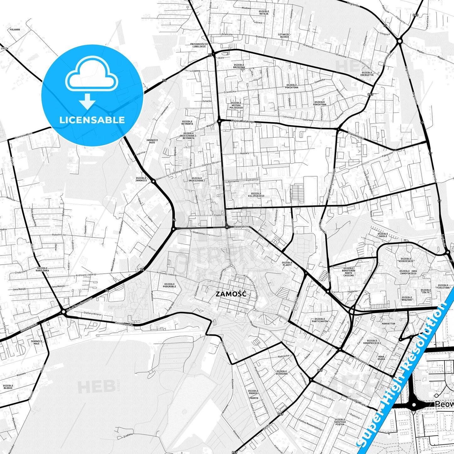 Zamość, Poland Light Map with Street Names, City Names, and Districts