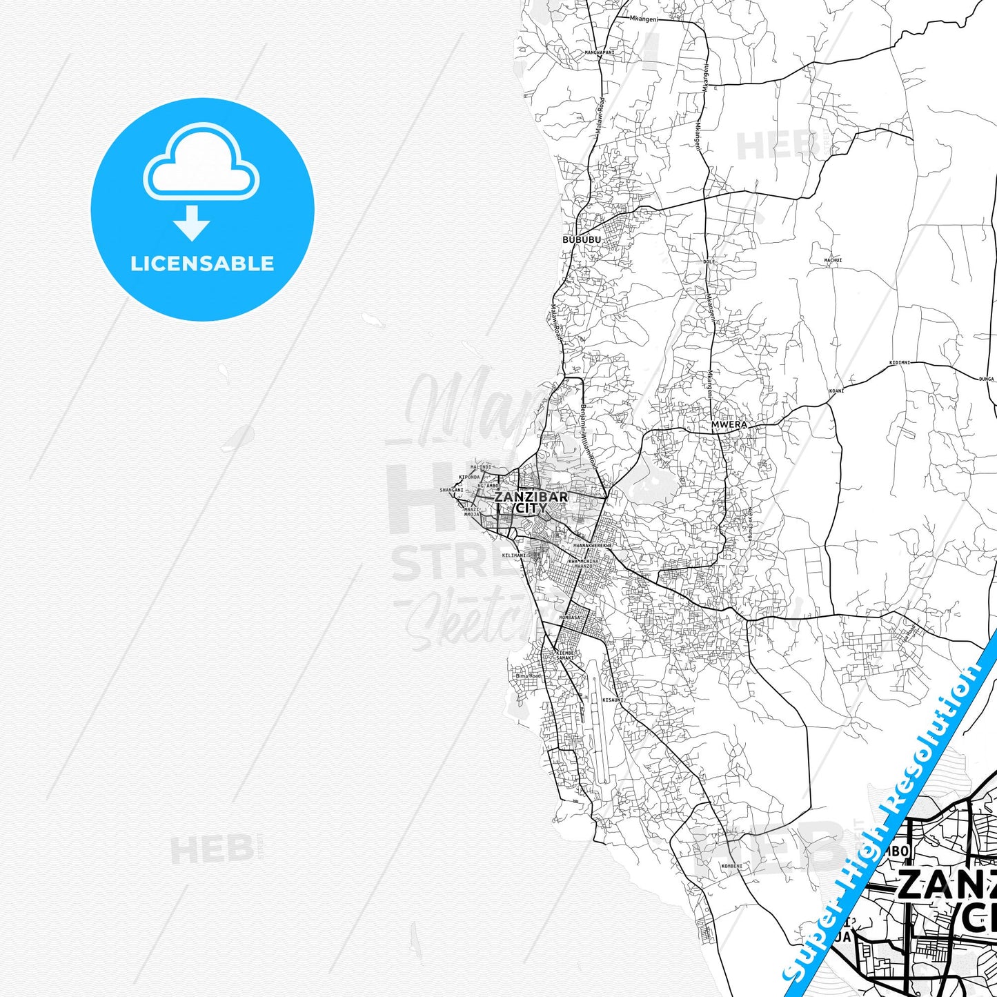 Zanzibar, Tanzania light map with streetnames, citynames and districts