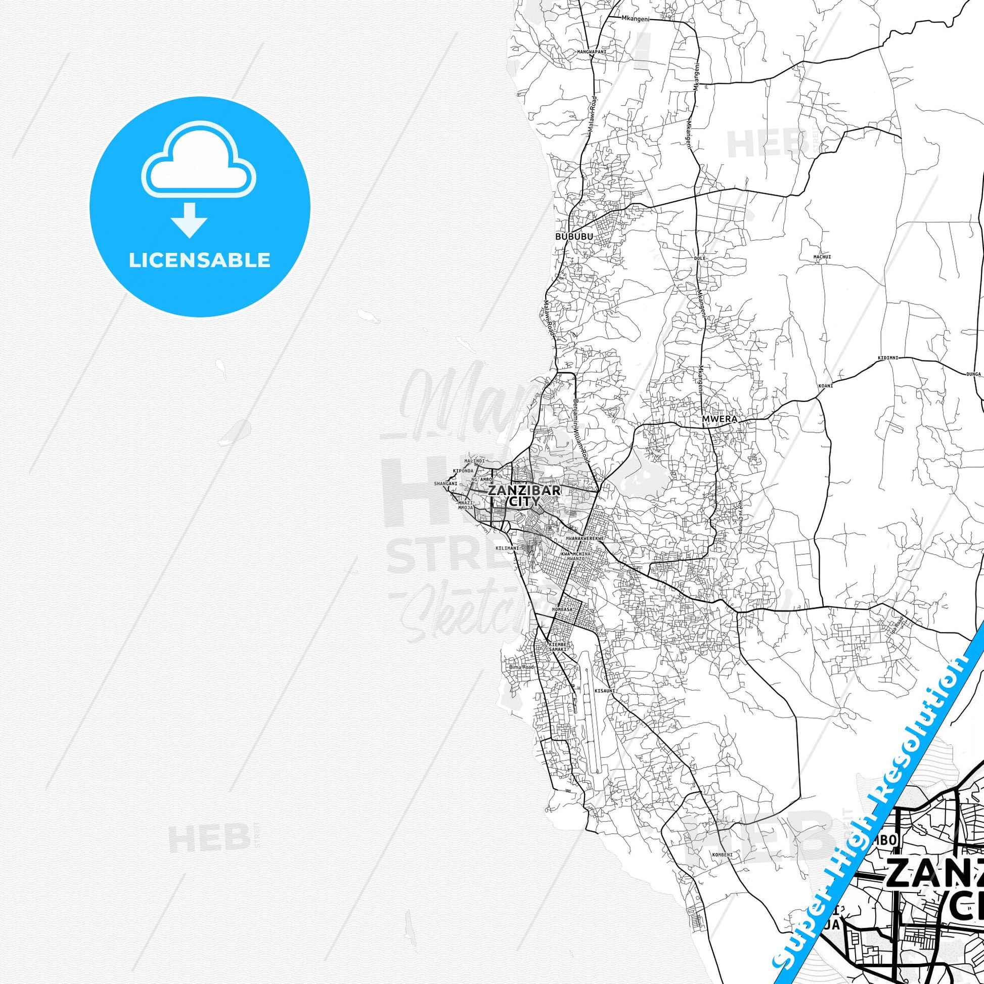 Zanzibar, Tanzania light map with streetnames, citynames and districts