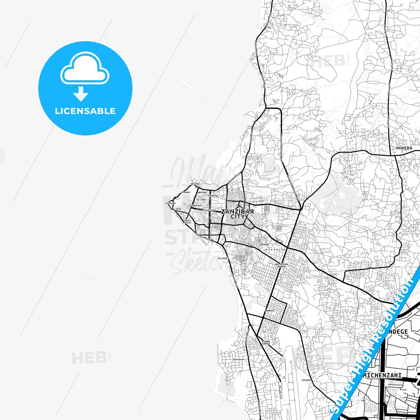Zanzibar, Tanzania Light Map with Street Names, City Names, and Districts
