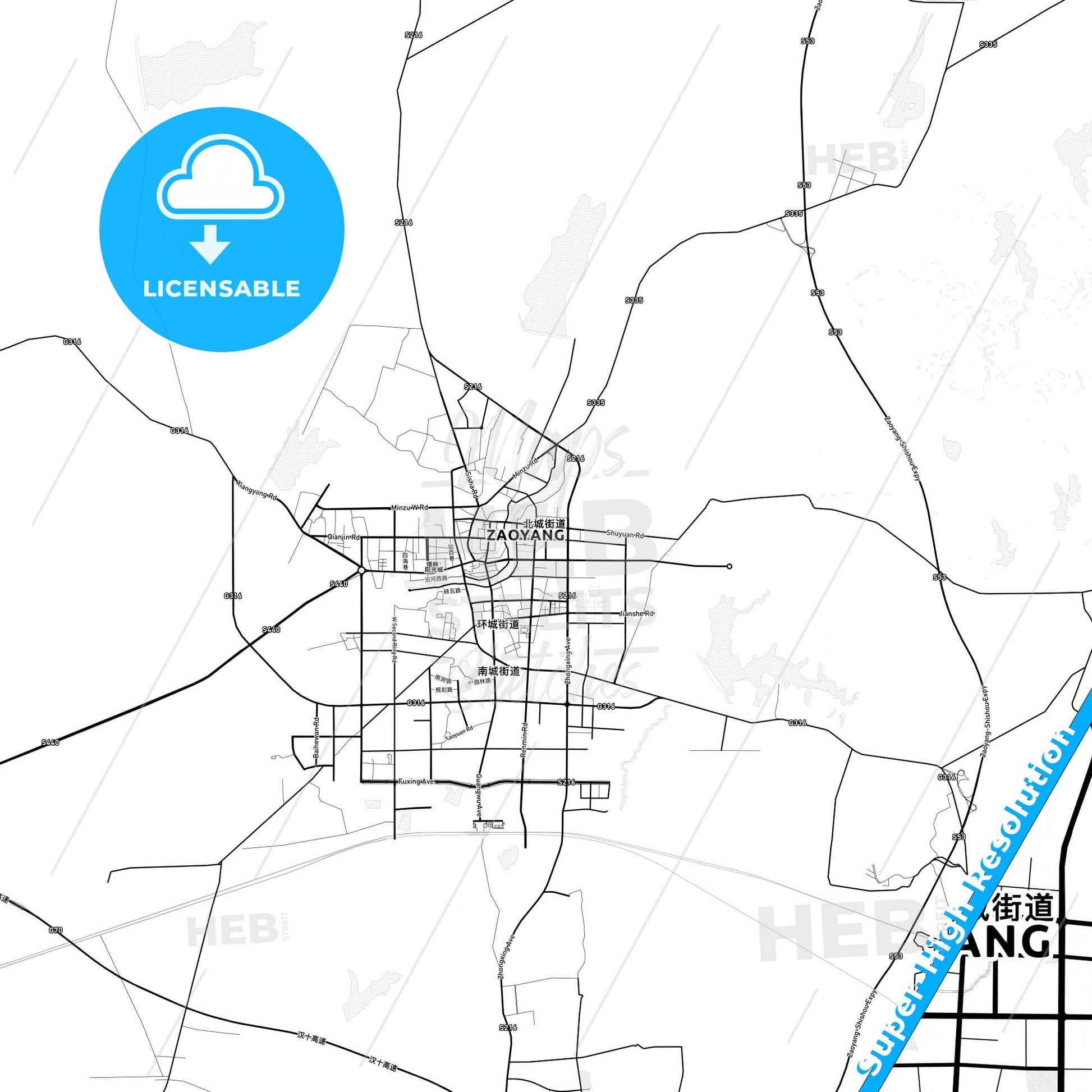 Zaoyang, China light map with streetnames, citynames and districts