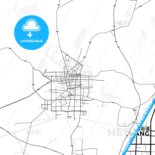 Zaoyang, China light map with streetnames, citynames and districts