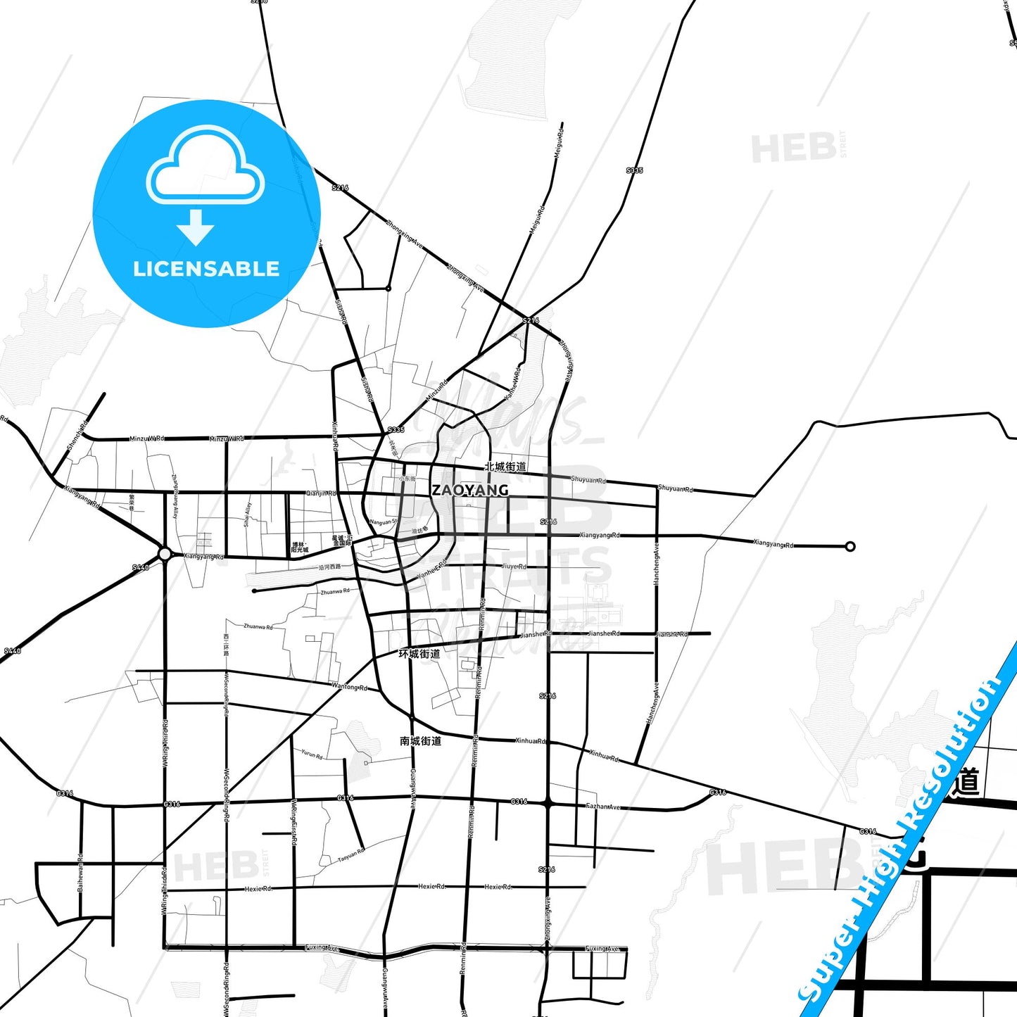 Zaoyang, China Light Map with Street Names, City Names, and Districts