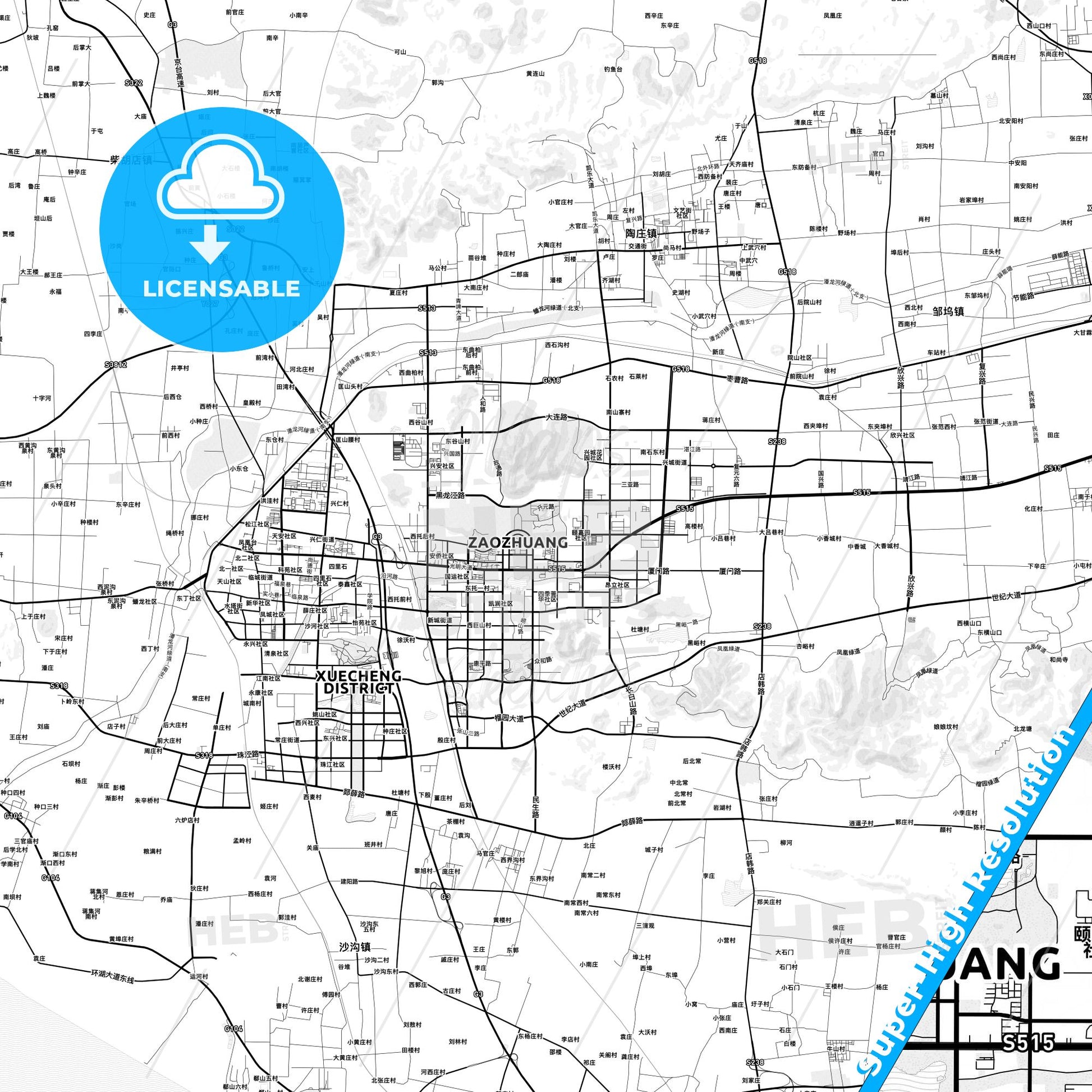 Zaozhuang, China light map with streetnames, citynames and districts
