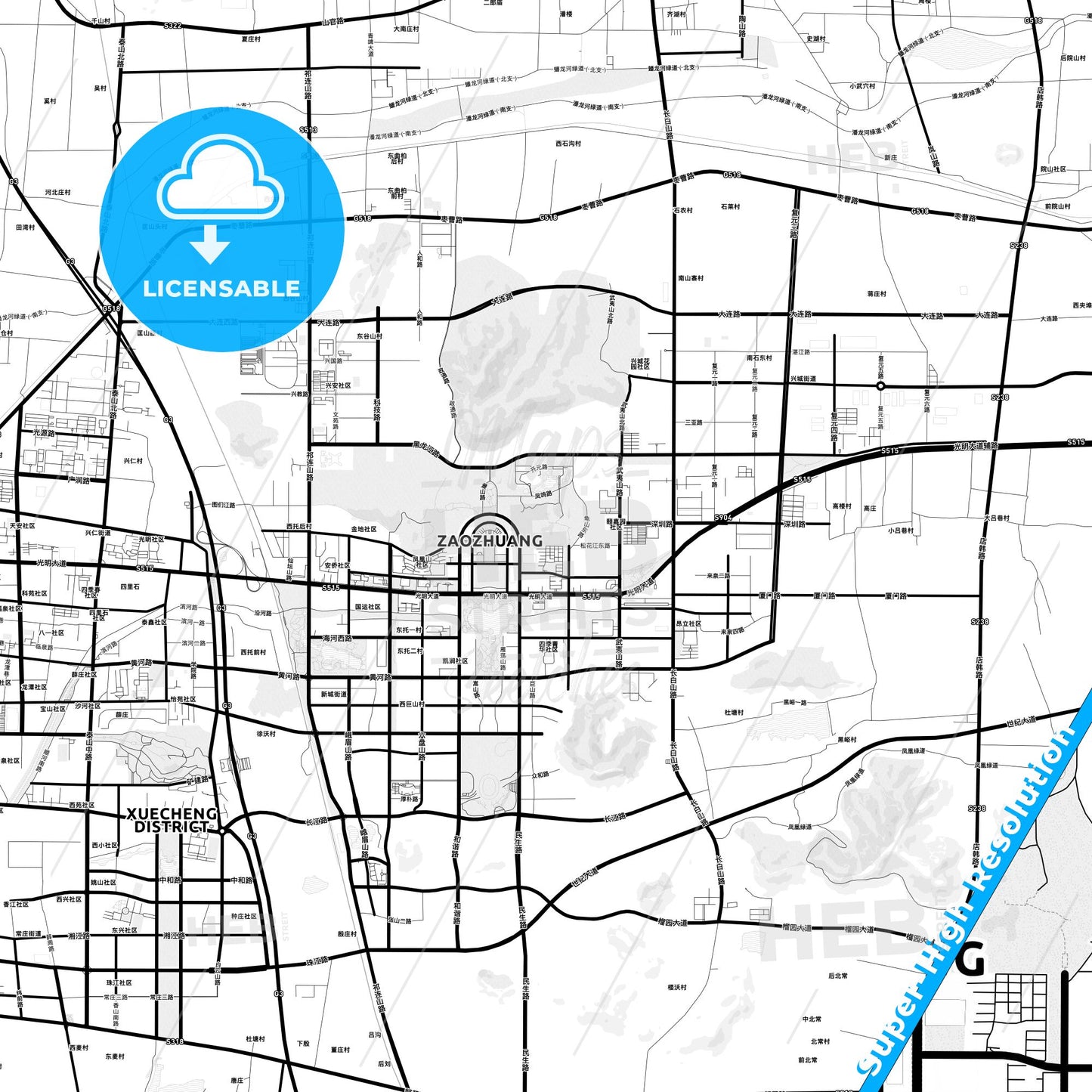 Zaozhuang, China Light Map with Street Names, City Names, and Districts