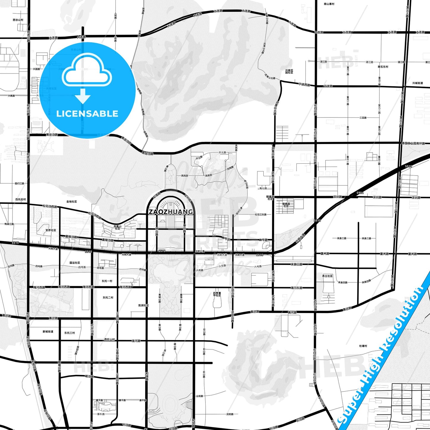 Zaozhuang, China Light Map with Street Names, City Names, and Districts