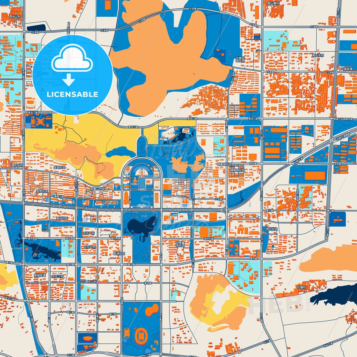 Colorful Zaozhuang Street Map with Labels and Buildings