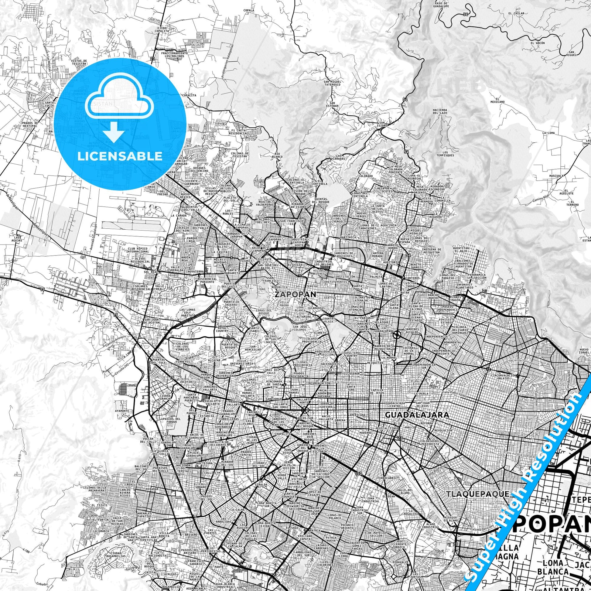 Zapopan, Mexico light map with streetnames, citynames and districts